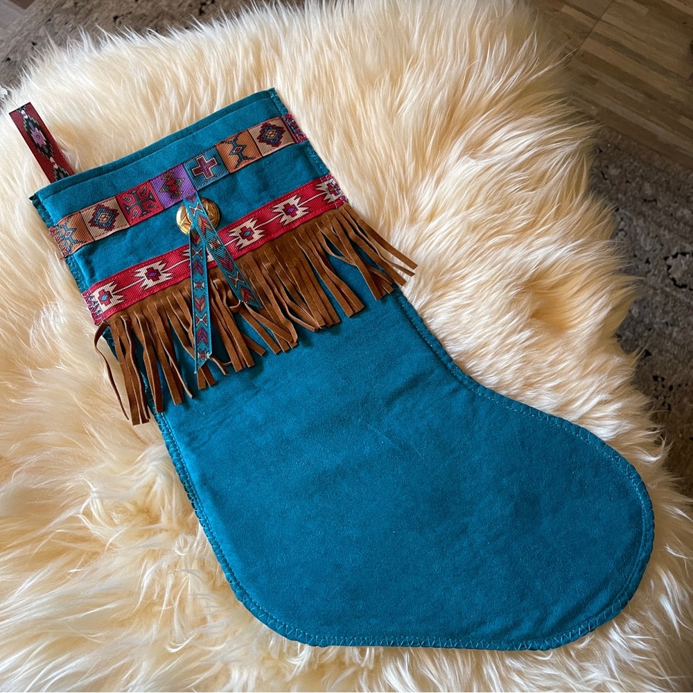 Handcrafted Teal 15.5” Christmas stocking with fringe Southwestern/western theme
